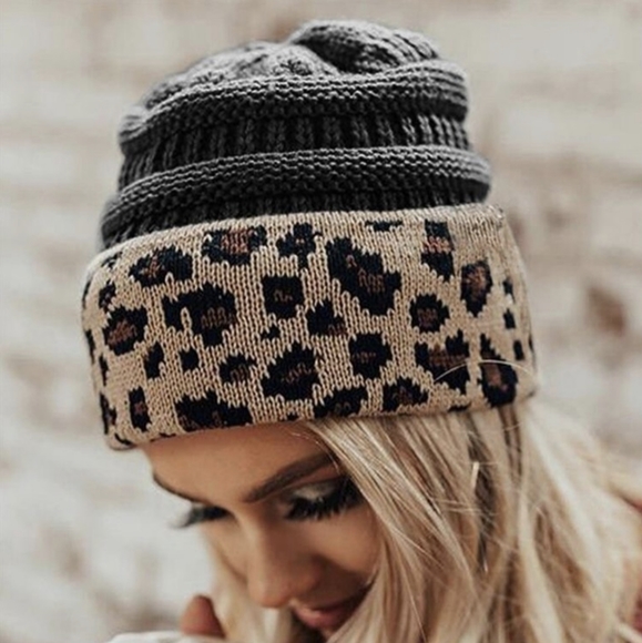 LAST ONE! 🥳HOST PICK🥳 NWT C.C. Black and Leopard Print Knit Beanie - Picture 5 of 16